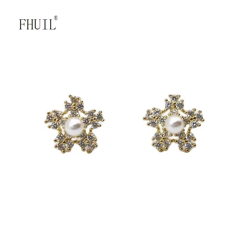 

Flower Pearl Shinning Earring Fashion Jewelry Zircon Silver Needle Earrings For Women Persnalized Gift Wedding Accessories New