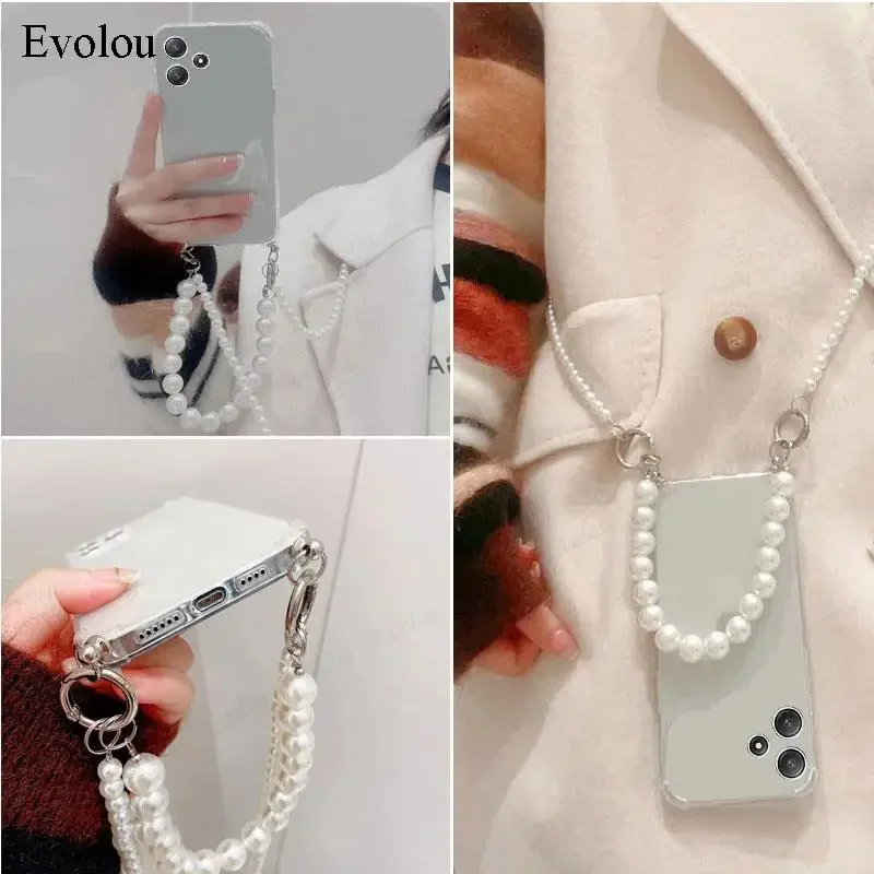 Pearl Chain Crossbody Lanyard Transparent Soft Silicone Phone Case