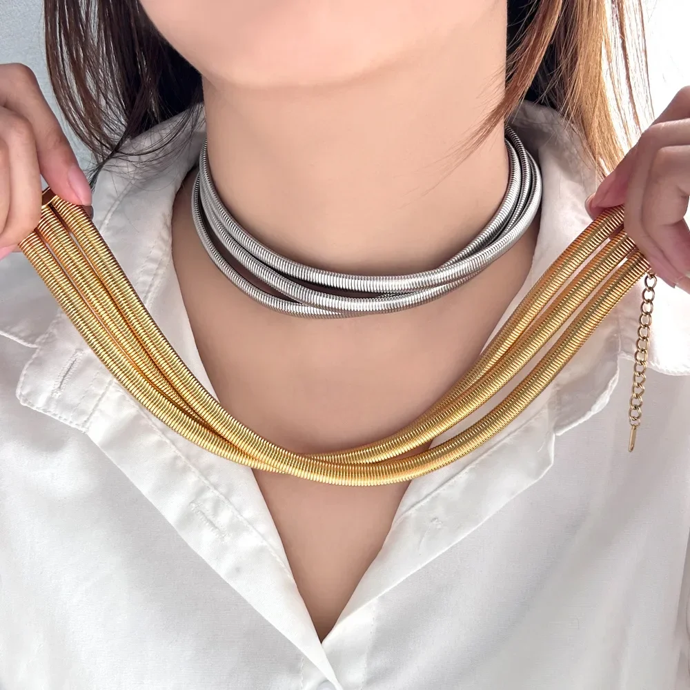 

Women Men Multilayer Choker Stainless Steel Elastic Snake Bone Link Chunky Gold Silver Color Design Party Jewelry Gift 2023