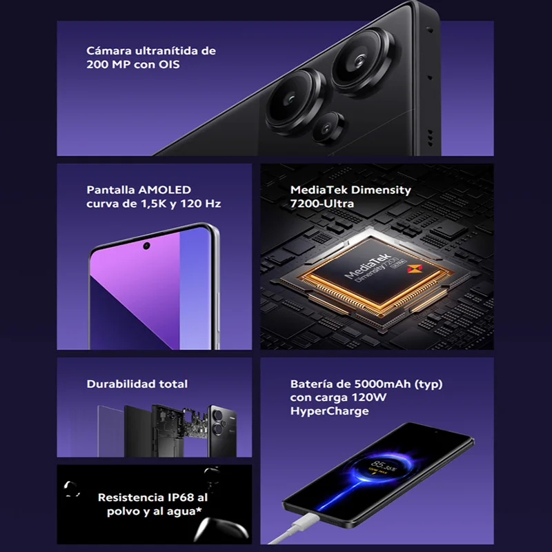 Xiaomi Redmi Note 13 Pro Plus 5G,Smartphones,NFC,MediaTek Dimensity 7200-Ultra, carga de 120W, batería de 5000mAh (typ),Cámara de 200MP,120Hz,Garantía local, versión global
