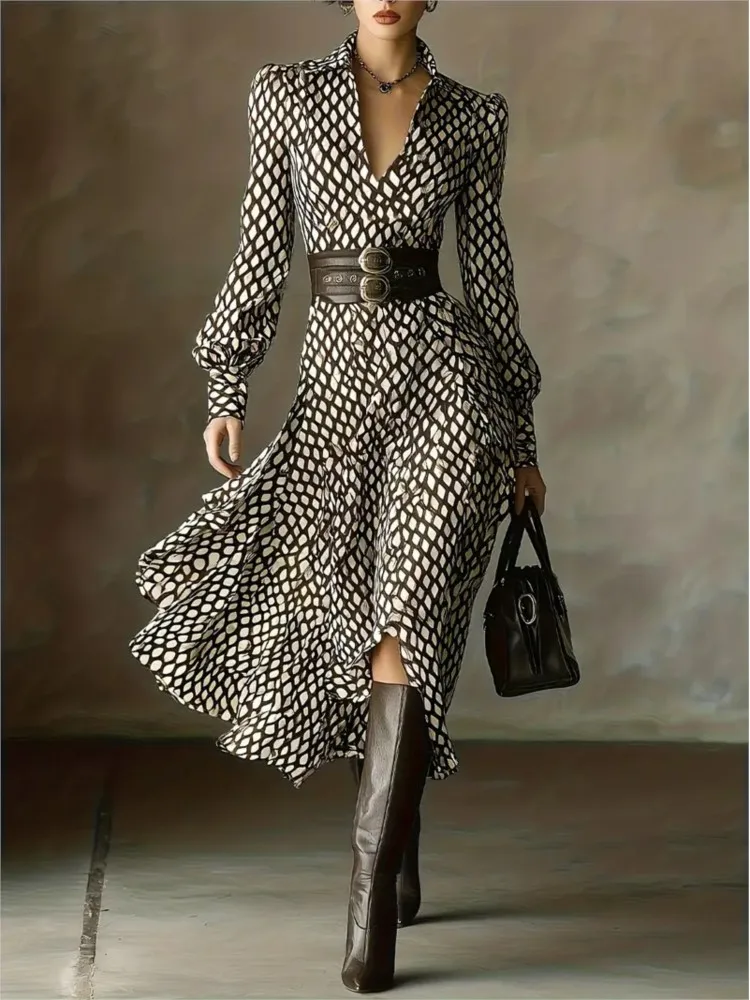 Lantern Long Sleeve Dress New Style Lapel Print Women's Long Sleeved Elegant Lapel Collar Dress Casual And Comfortable Dresses