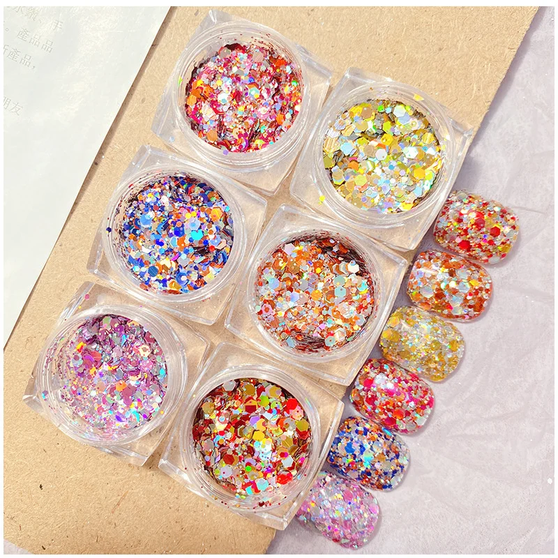 

6Grid Nail Art Big Sequins Korean Ultra-thin Nail Glitter Flake Mixed Shiny Colored Laser Powder Gel Polish Nail Art Decorations