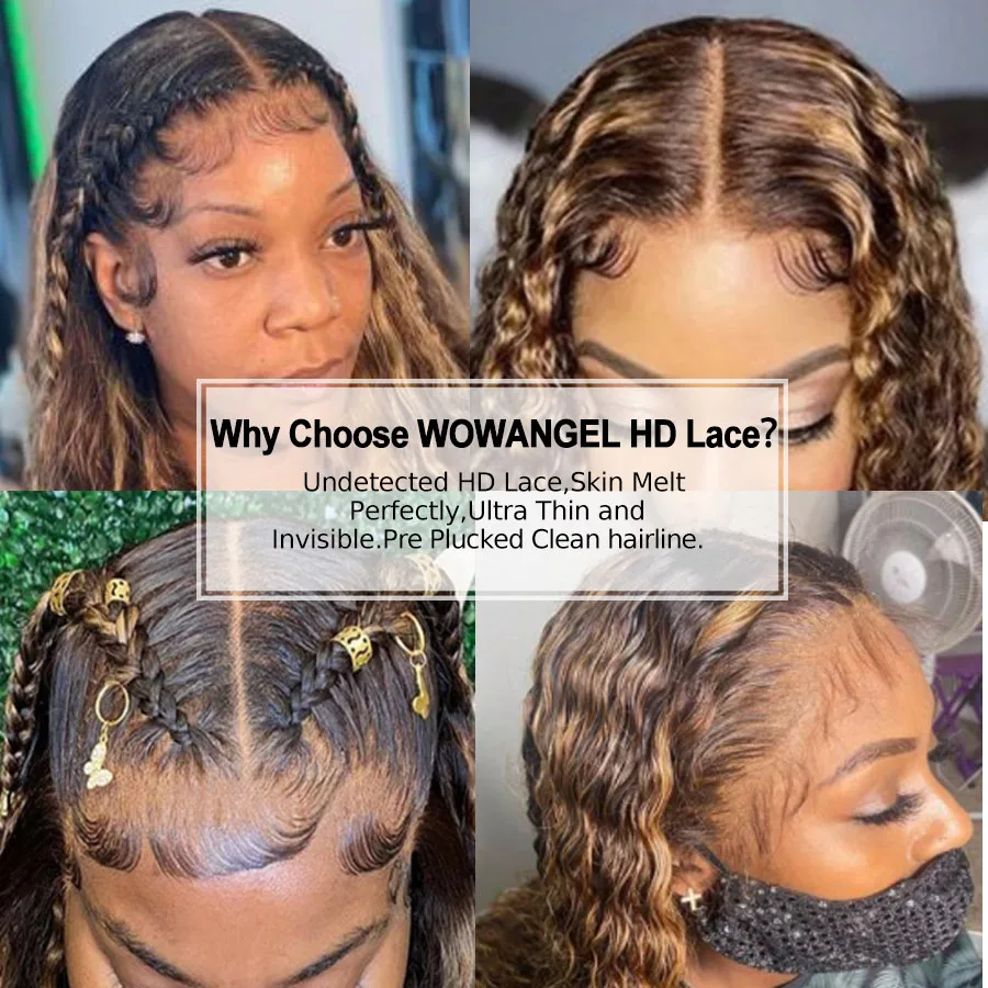 WOWANGEL 13X6 HD Lace Front Wigs Highlight Curly Wigs Bye Bye Knots 13x4 Lace Frontal Human Hair Wigs Water Wave Wigs For Woman