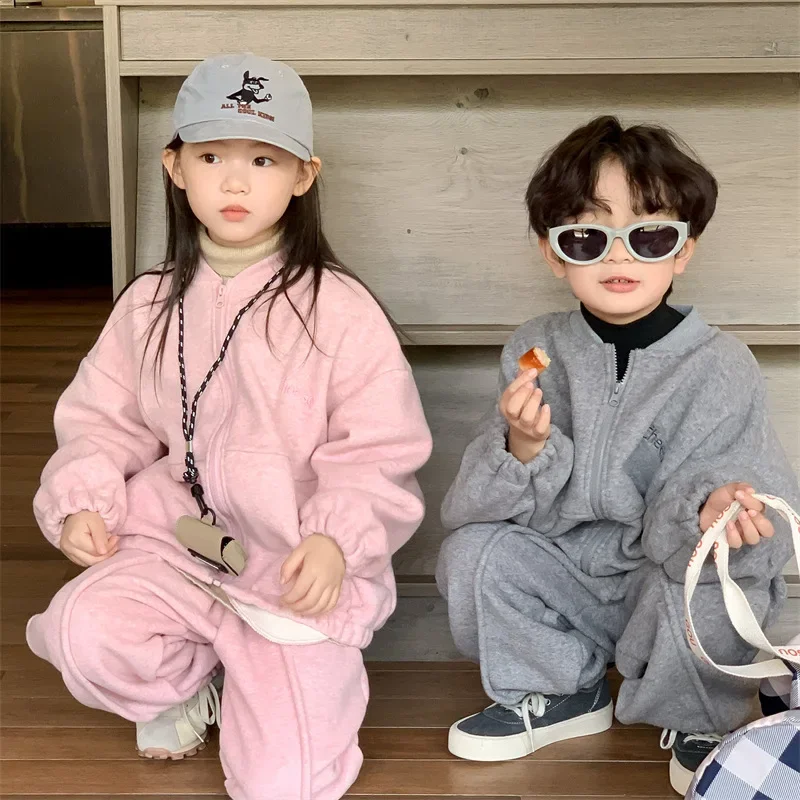 

Children Sets Korean Boys Girls Winter Season New Velvet Warm Motion 2023 Casual Sweatpants Two Piece Set Zipper