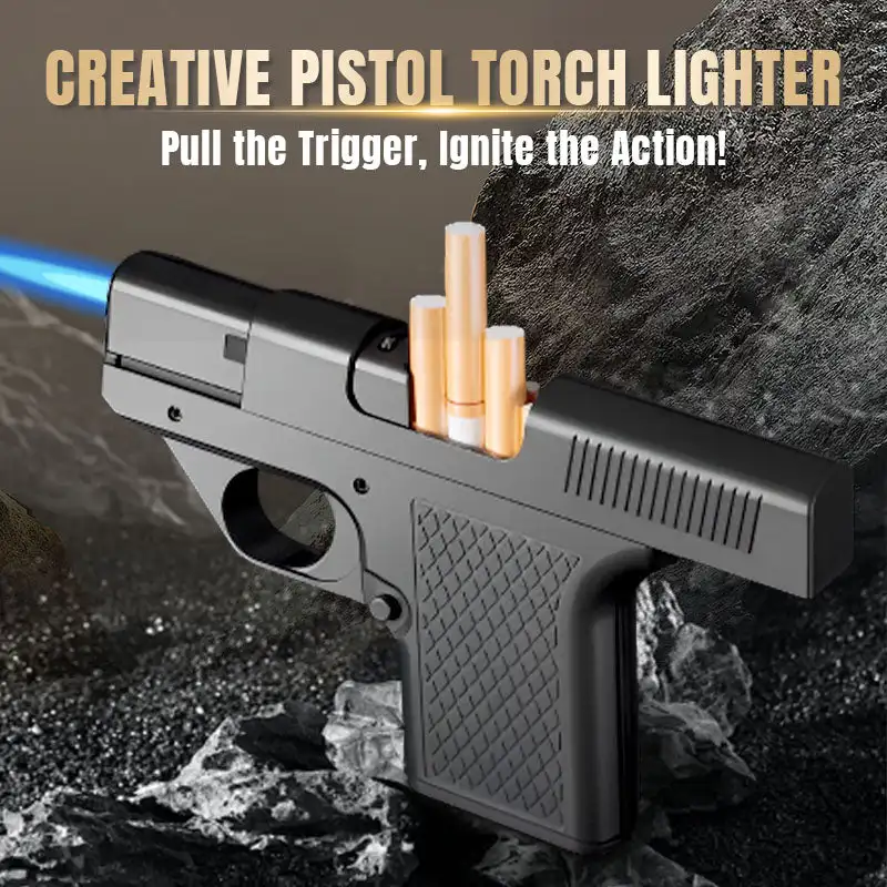 Butane Gas Lighter Cigarette Lighter Cool Pistol Torch 3 Cigarette Magazine Packs Windproof Inflatable Integrated