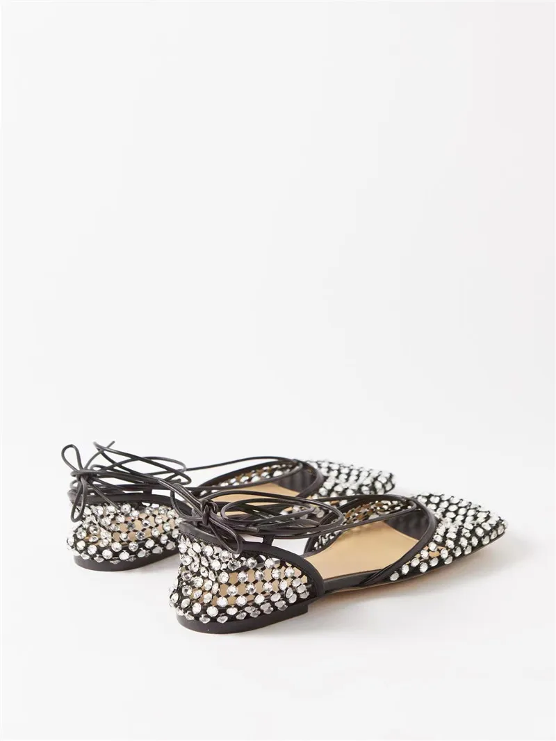 Crystal Diamond Foot Ring Strap Square Head Hollow Mesh Surface Shallow Cut Large Flat Bottom Sandals for Women