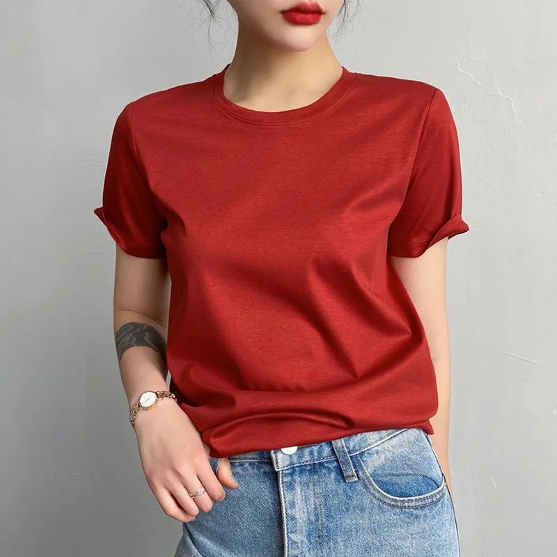 Mulberry Silk Cotton T-shirts Women Solid O Neck Top Summer Short Sleeve Tees Basic Soft T-Shirts Loose Style Korea Fashion 2024