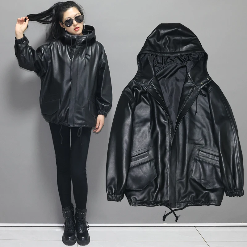 Women's Loose Sheepskin Coat, Casual Hooded Jacket, Show Slimming Youth Jacket, Genuine Leather Jackets, Autumn and Winter spring and autumn plus size mens jacket thin outdoor assault waterproof coat youth fashion hooded loose casual wind male jacket