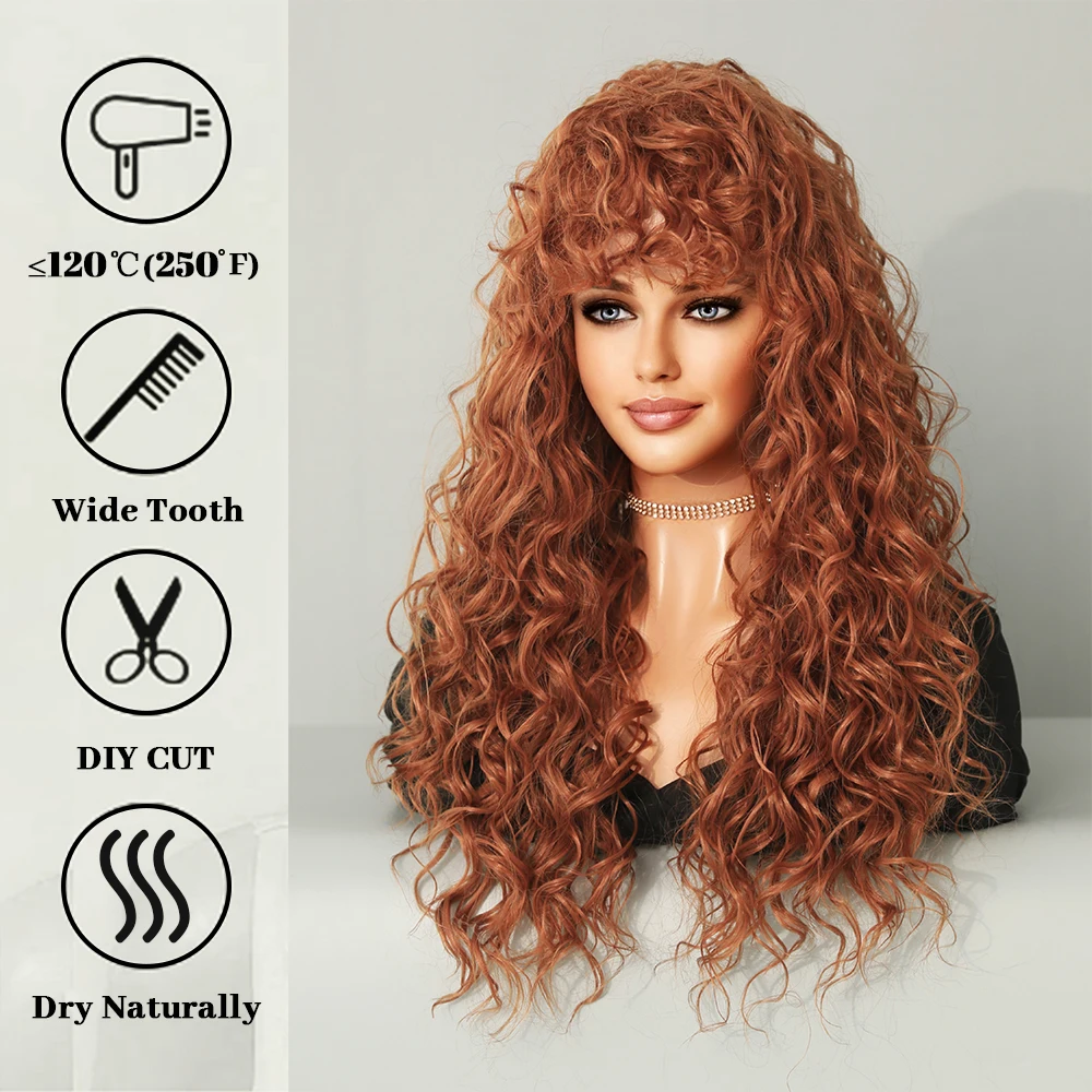 Długa blond czerwona peruka z lokami Bangs dla czarnych kobiet żaroodporne peruki syntetyczne Afro naturalna impreza przebierana codzienne użytkowanie sztuczne włosy