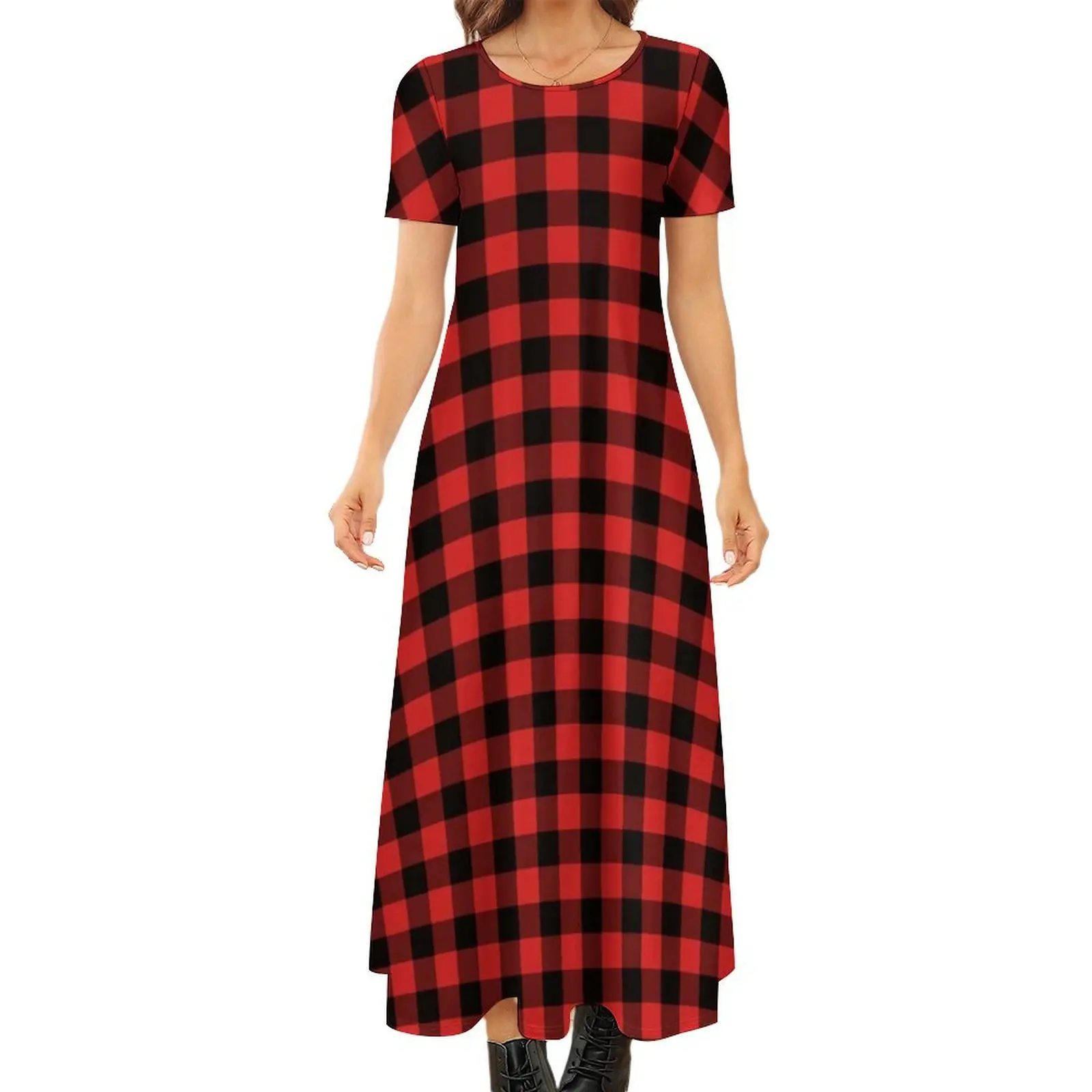 

Red And Black Plaid Dress Checkerboard Trendy Maxi Dress Short Sleeve Aesthetic Bohemia Long Dresses Womens Oversized Vestido