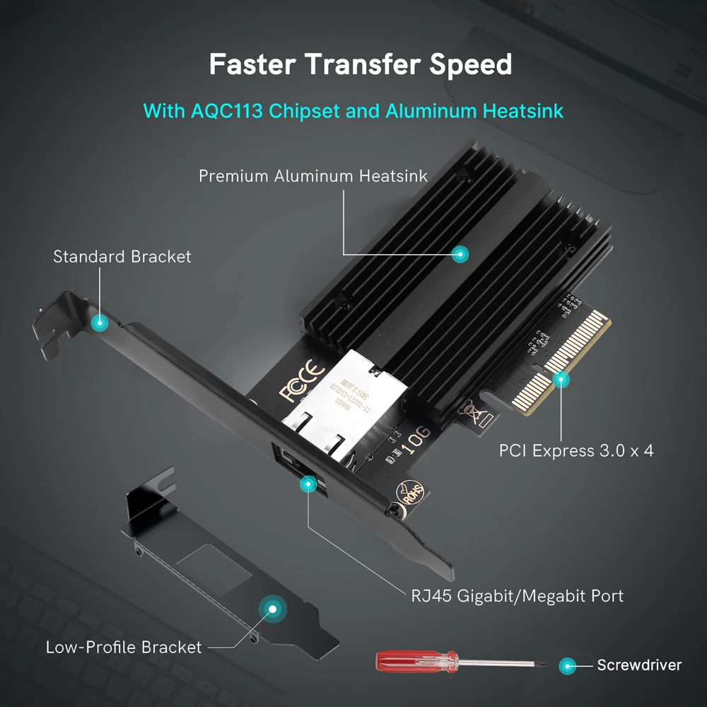 데스크탑 Win10/11 용 이더넷 유선 LAN 어댑터 네트워크 카드, AQC113 PCIE to RJ45 네트워크 카드, 100Mbps, 1G, 2.5G, 5G, 10Gbps, RJ45 인터페이스