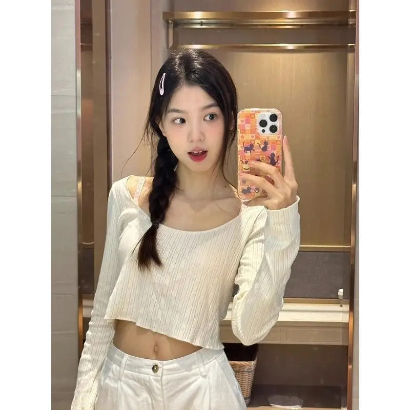 

Summer Thin White Knitted Shirt Sun Protection New Versatile Slim Pure Desire Crop Top Women's Long Sleeve T-shirt Fashion