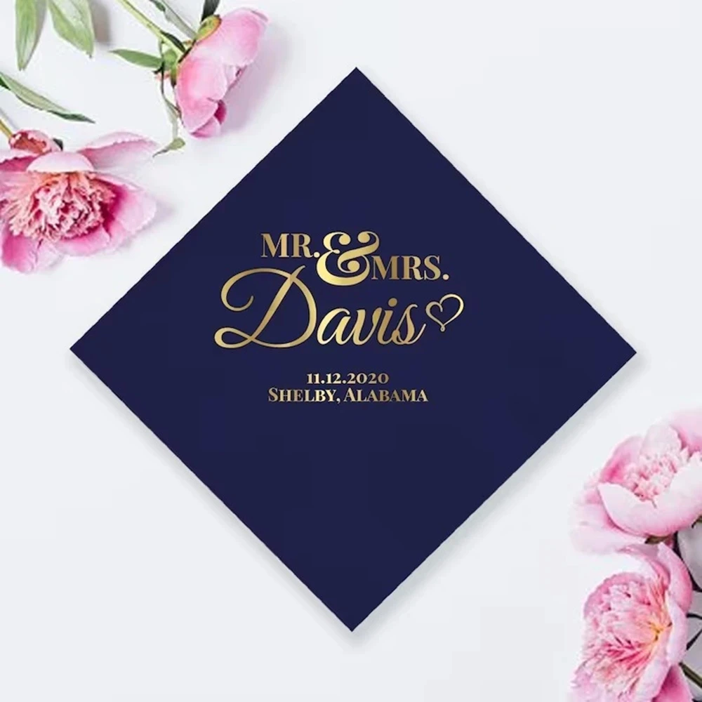 

50pcs Personalized Mr. And Mrs. Custom Wedding Napkin, Custom Foil Stamped Beverage Napkin, Customized Wedding Napkins