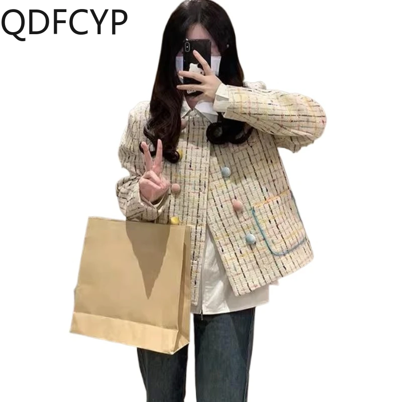 

Новинка, женские пальто, Осень-зима, милые шаровары, Корейская клетчатая Свободная куртка с длинным рукавом, маленькое пальто карамельных цветов для женщин 2023