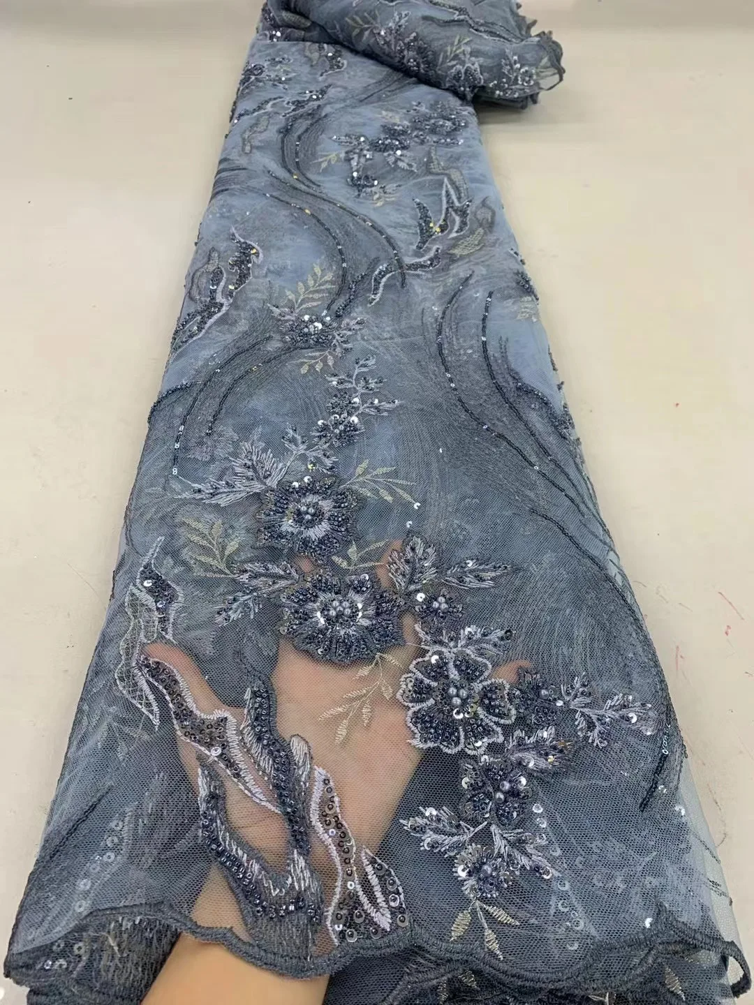 

African Sequins Lace Fabric Luxury French Nigerian Beaded Mesh Lace Fabric High Quality Wedding Dress Sewing Material
