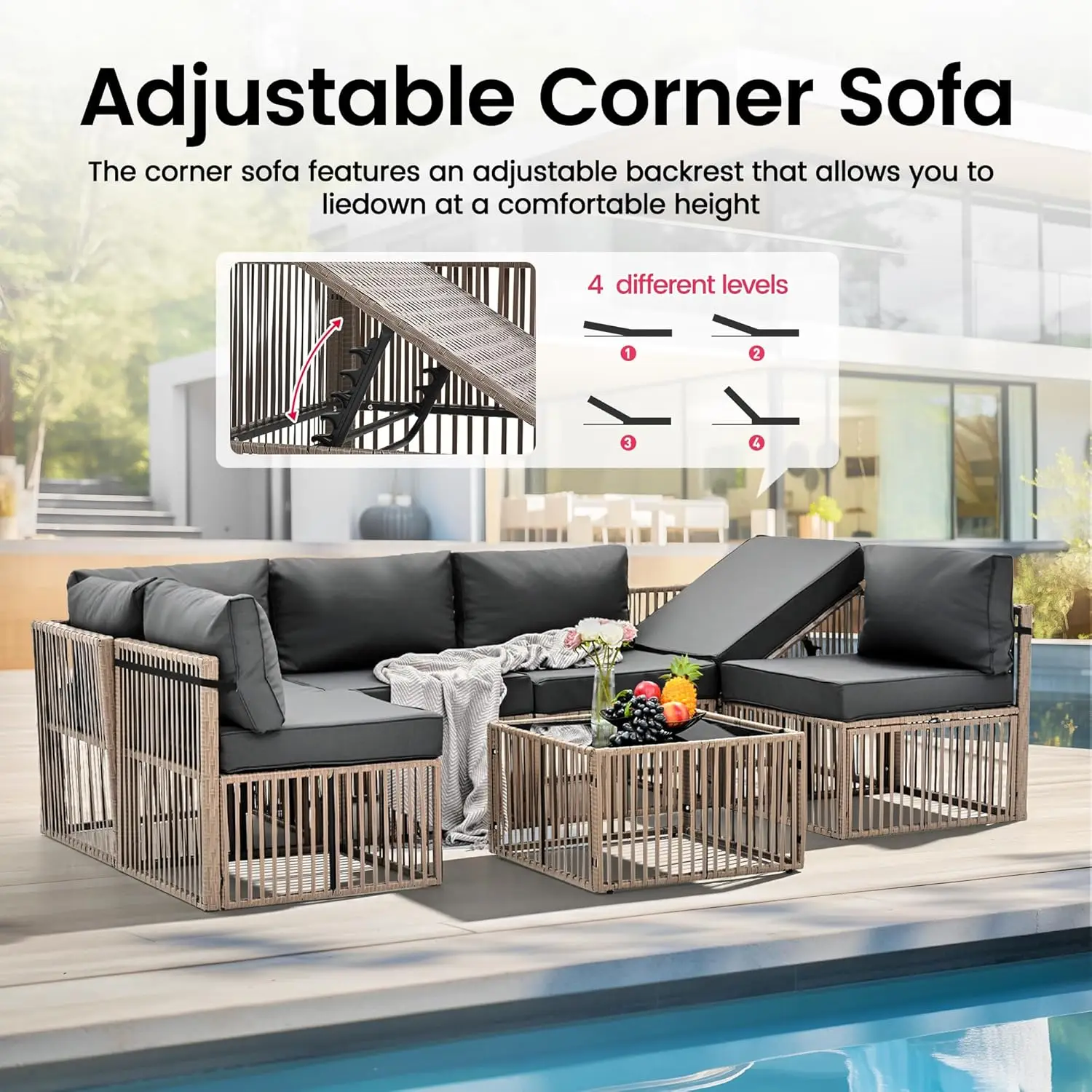 7 Pieces Outdoor Sectional Set, All-Weather PE Rattan Patio Conversation Set,Wicker Adjustable Patio Furniture Set with Washable 3