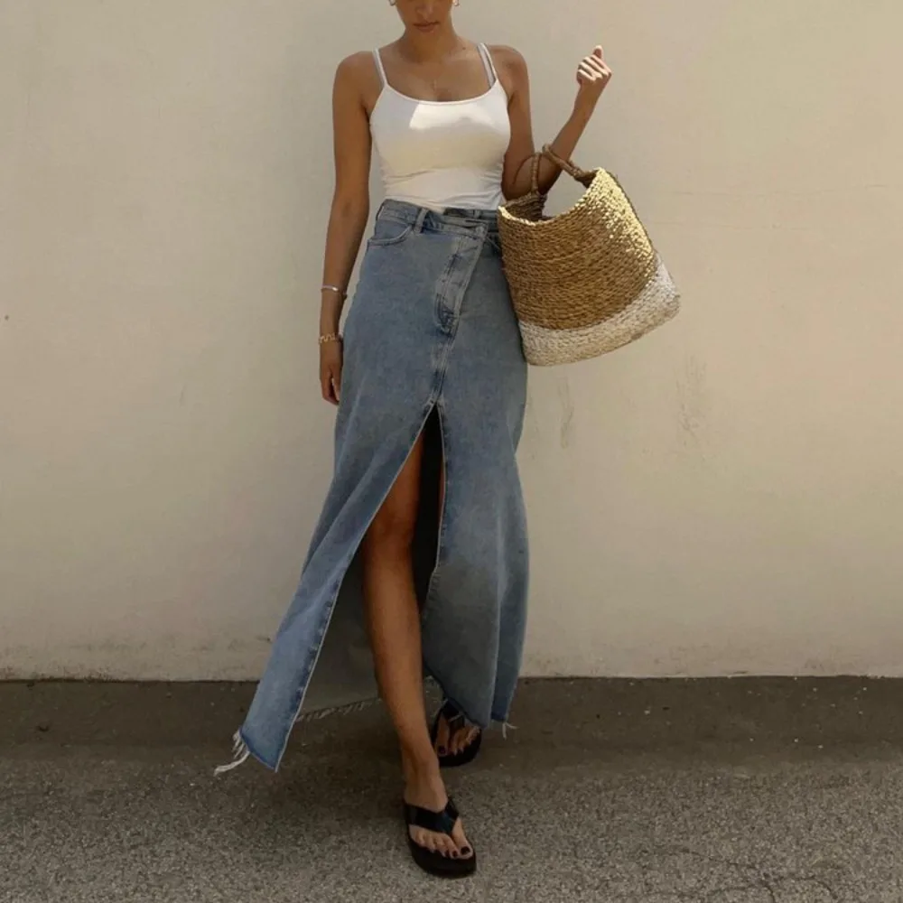

Elegant Denim Skirts Fashion Slit Slim High Waist Skirts for Women Blue Casual Loose Solid Office Long Skirt Summer 2023 New