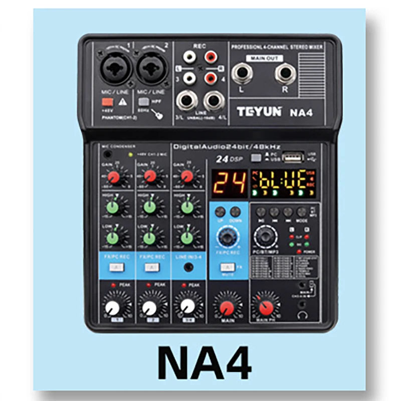 

TEYUN 4Channel Professional Portable Sound Mixer Console Computer Input 48v Power Model Number Certification Audio Interface NA4