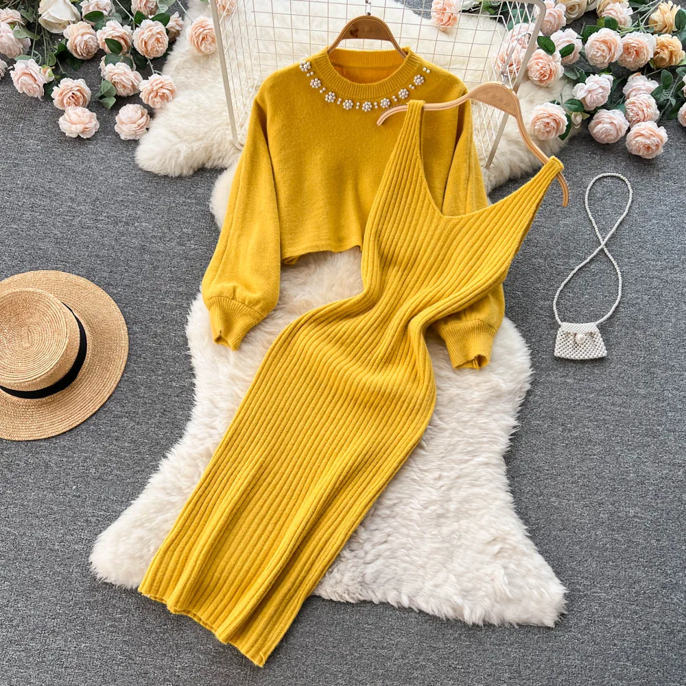 New Women Sleeveless Dress Knitted Two Piece Set Fashion Beaded Pearl Long  Sleeve Croppde Sweater Shawl+Knitted Camis Dress Sets - AliExpress