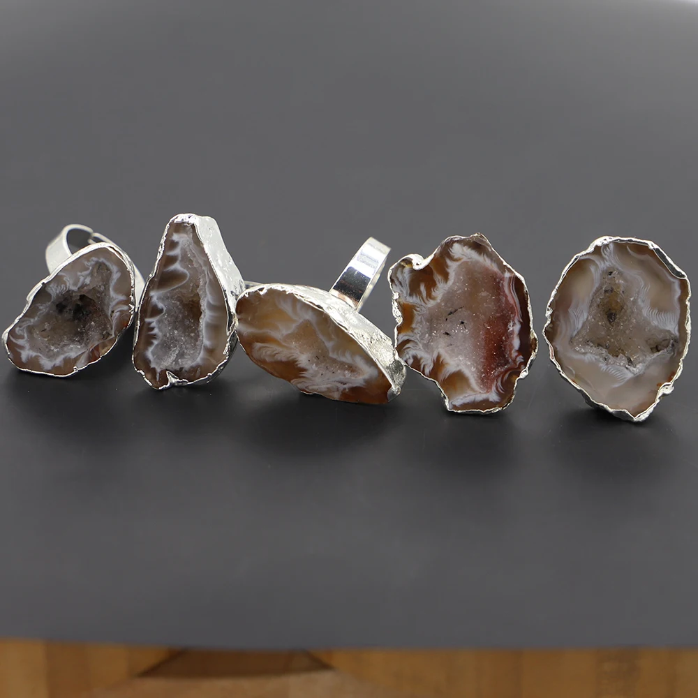 Natural Stone Irregular Agate Druzy Finger Ring Silver Plated Healing Quartz Primary Slice Resizable Size Jewelry Wholesale 6Pcs