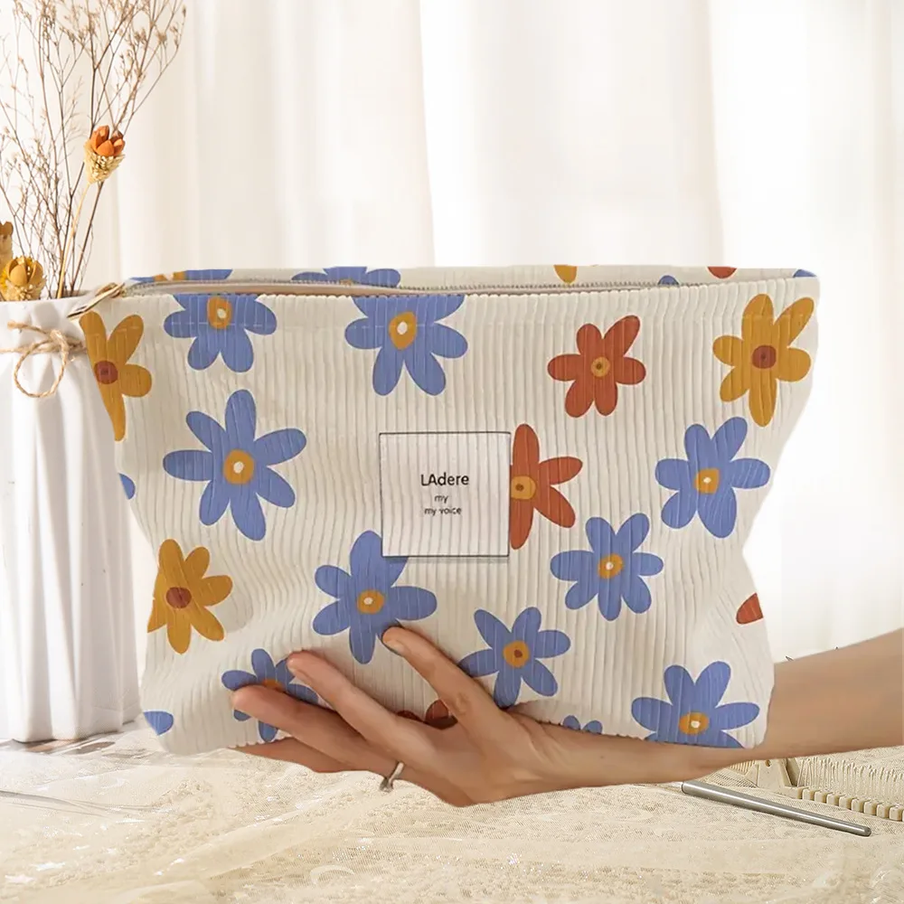 Floral Printed Corduroy Makeup Bag Black Lightweight Zipper Makeup Storage Box Multifunctional Cosmetic Bag With Lining 4