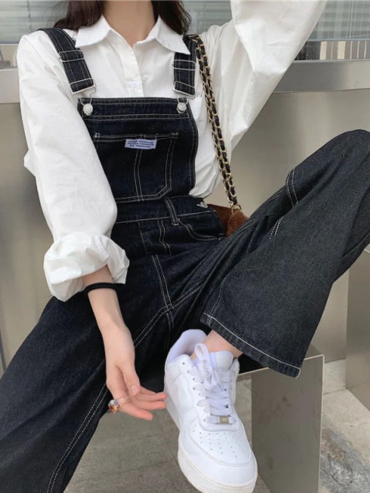 QWEEK Korean Fashion Denim Overalls Jumpsuits Women Black Baggy Jeans Oversize Wide Leg Pants Pockets Female Casual Trousers qweek vintage 90s baggy jeans women y2k streetwear oversize distressed wide leg denim pants harajuku korean loose trousers