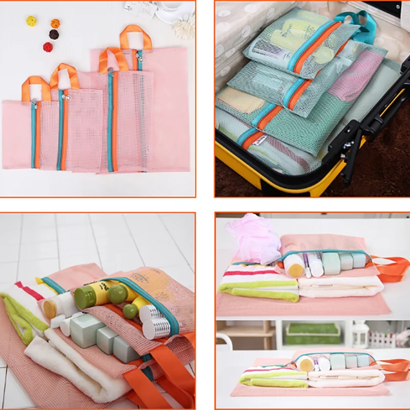4pcs Travel Packing Organizer Set, Mesh Clothing Bags, Visible Luggage Suitcase Mesh Packing Cubes With Zipper Multi-Sizes Trips