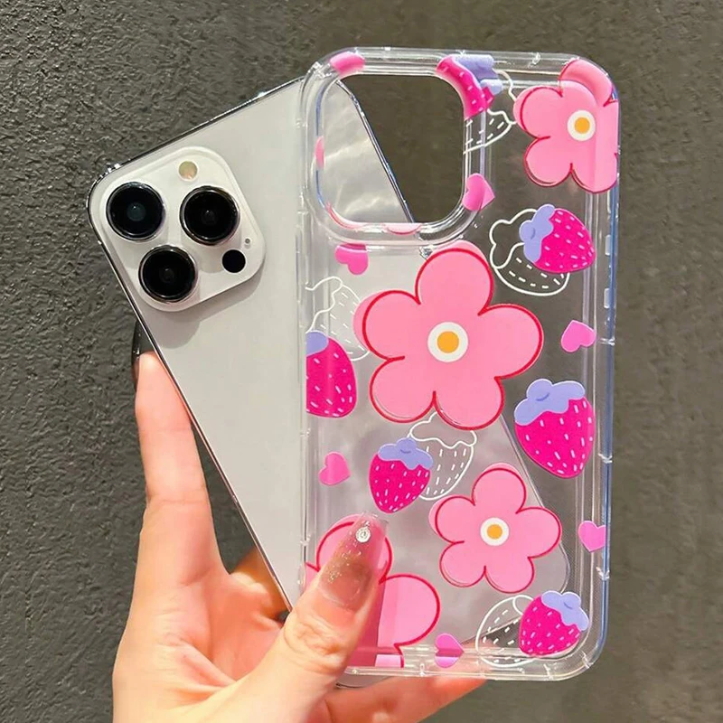 Pink Flower Strawberry Pattern Clear Phone Case