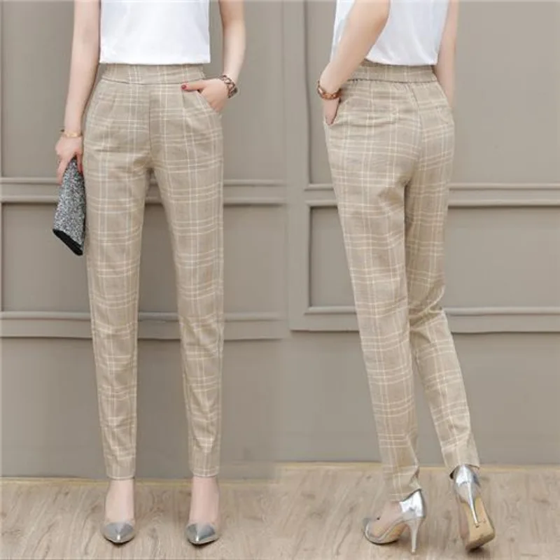 Women's 2024 Spring Autumn New Korean Thin Elastic High Waist Folds Plaid Pockets Straight Slim Small Feet Casual Harlan Pants