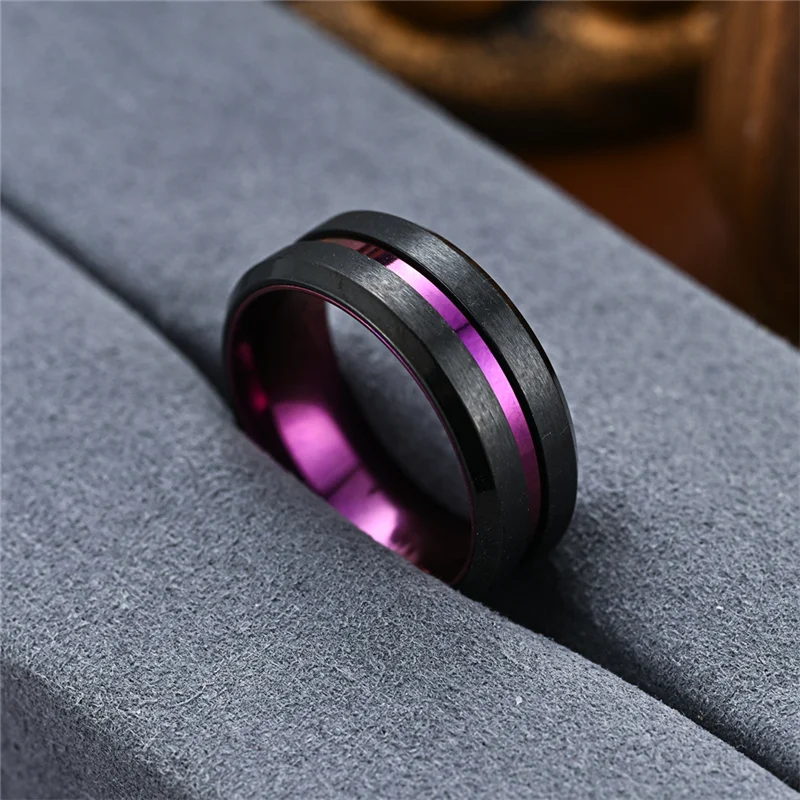 Men's Black Tungsten Wedding Band Rings Fashion 8mm Purple Groove Beveled Edge Engagement Ring for Boyfriend Jewelry Gifts stainless steel rings minimalist ring