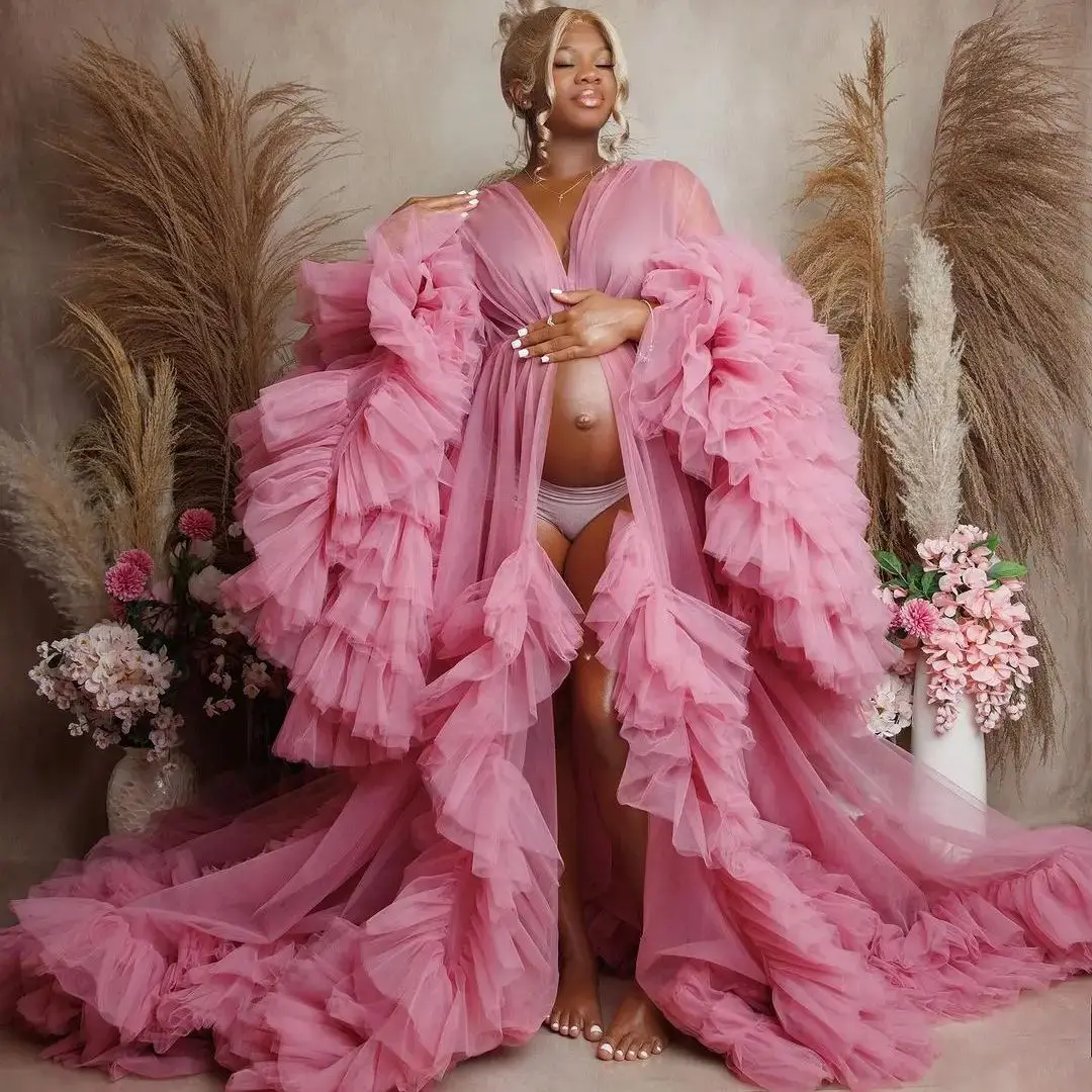 

Puffy Pink Evening Dresses for Pregnant Women Sexy Tiered Ruffles Maternity Robes Long Sleeves Sweep Train Baby Shower Gowns