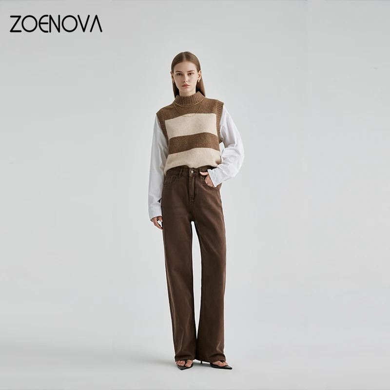 

ZOENOVA Brown Cotton Women's Wide Leg Pants High Waisted Loose Straight Jeans 2024 Spring Fashion New Casual Soft Denim Trousers