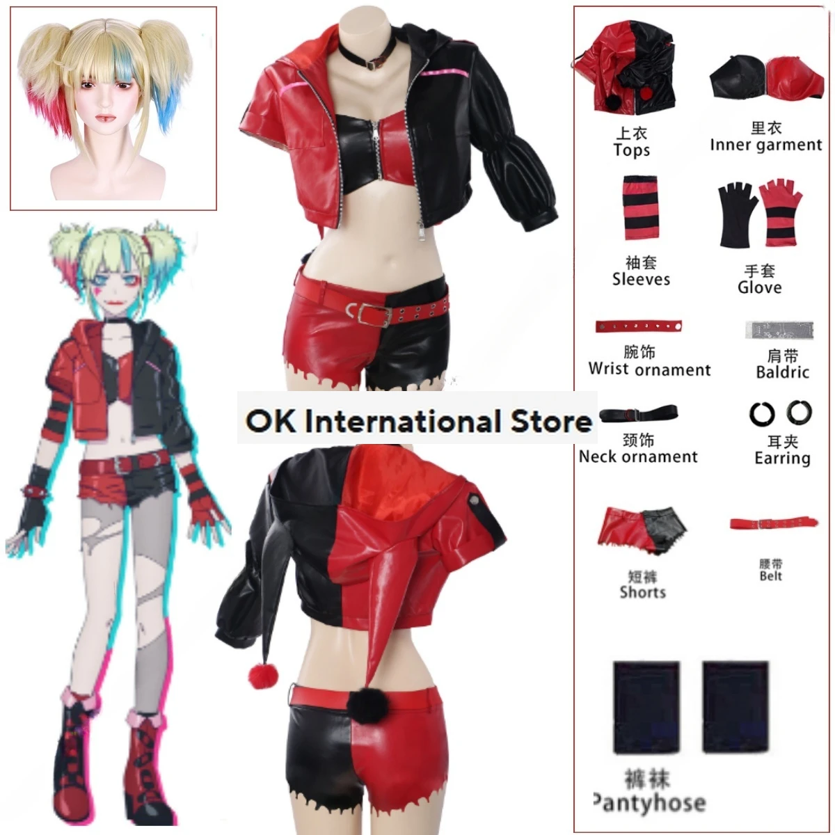 

Harley Costumes Cosplay Suicide Harleen Red Suit Wig Quinzel Female Isekai Joker Halloween Clown 2024 New Anime Cosplay Costume