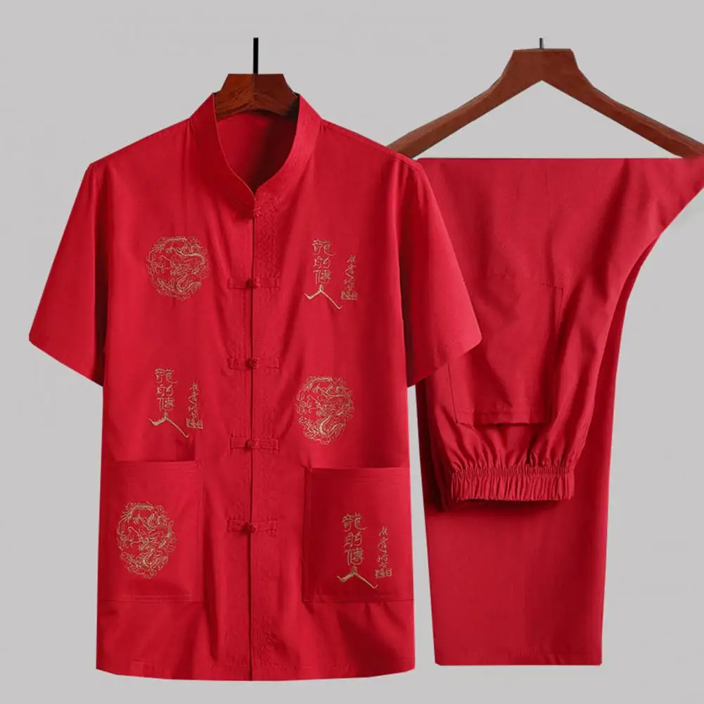 

Men Chinese-style Suit Retro Chinese Tang Suit Set for Mid-aged Men Stand Collar Shirt Embroidered Top Wide Leg Pants