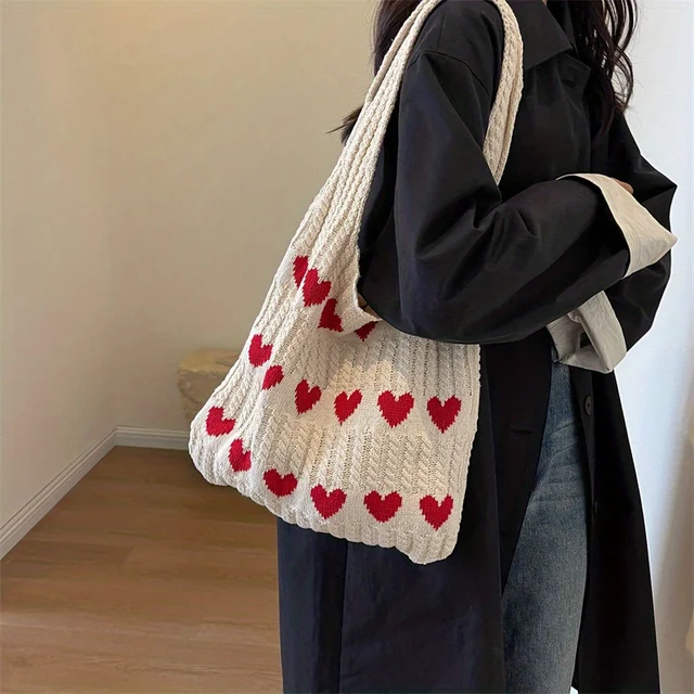 Love Heart Pattern Crochet Shoulder Bag, Knitted Tote Bag, Sweet Woven Handbag For Women 1
