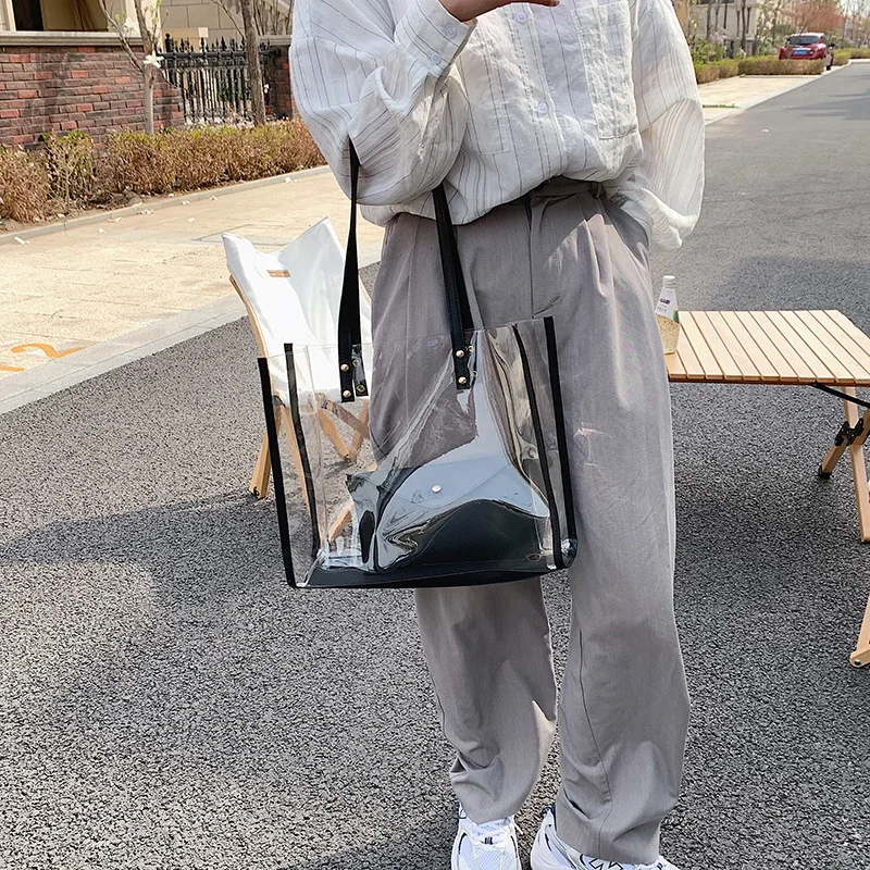 Fashion Transparent Combination Bag For Women Large Capacity Shoulder Bags Casual Girls Jelly Bag Shopper Bag Summer Beach Bag