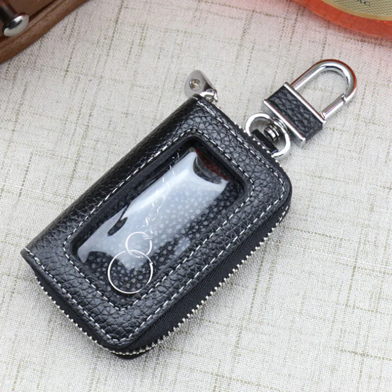 

1pc Car Key Case Cowhide Key Cover Fob Key Chain For Car Zipper Wallet