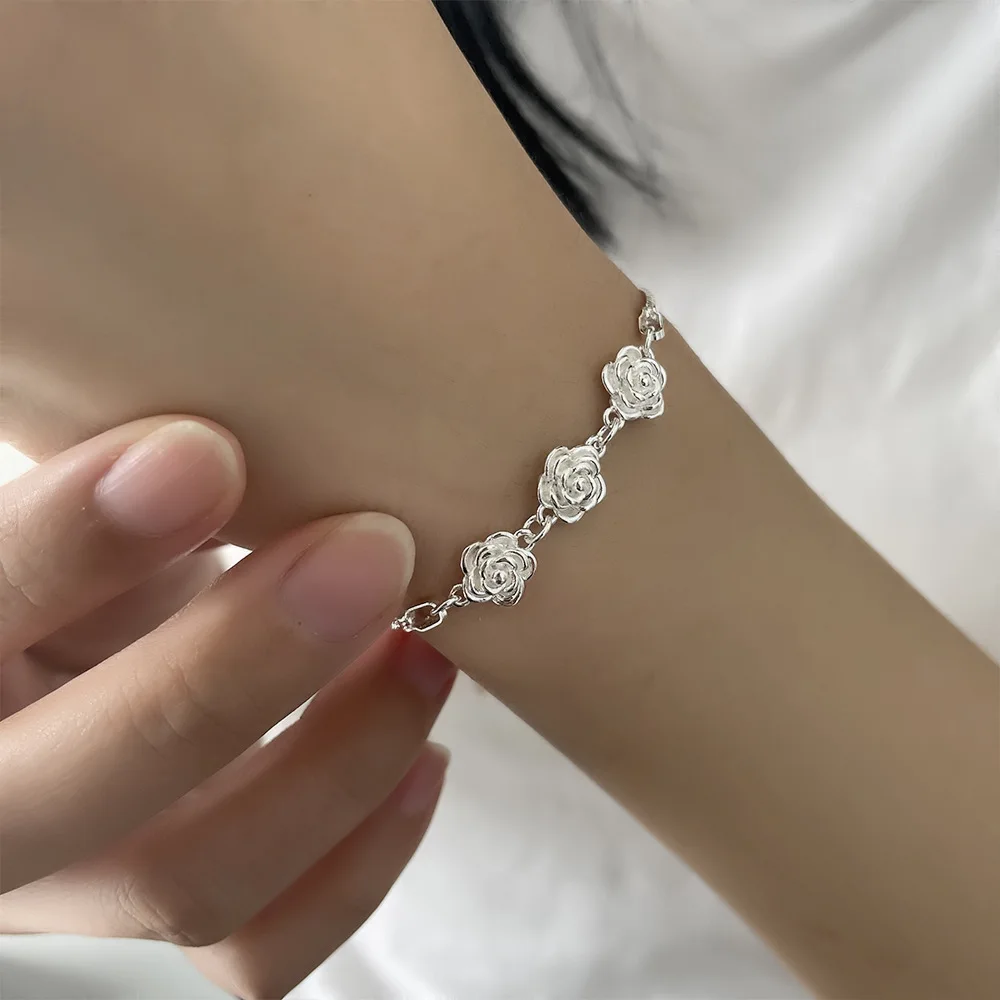 

VENTFILLE 925 Sterling Silver Flower Rose Bracelet For Women Double LLayer Sweet Romantic Korean Jewelry Dropshipping