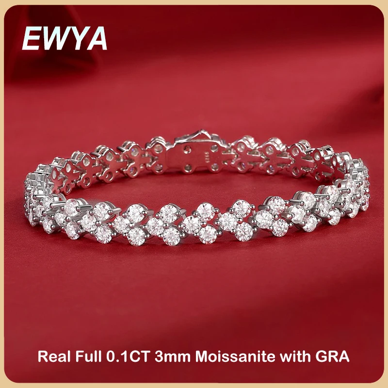 

EWYA Sparkling GRA Certified D Color 3mm 0.1CT Full Moissanite Tennis Bracelet For Women S925 Silver Diamond 17cm Link Bracelets