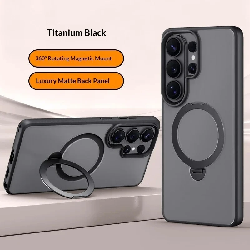Magnetic Matte Phone Case with Metal Ring Stand Holder and Contrast Color Frosted Cover