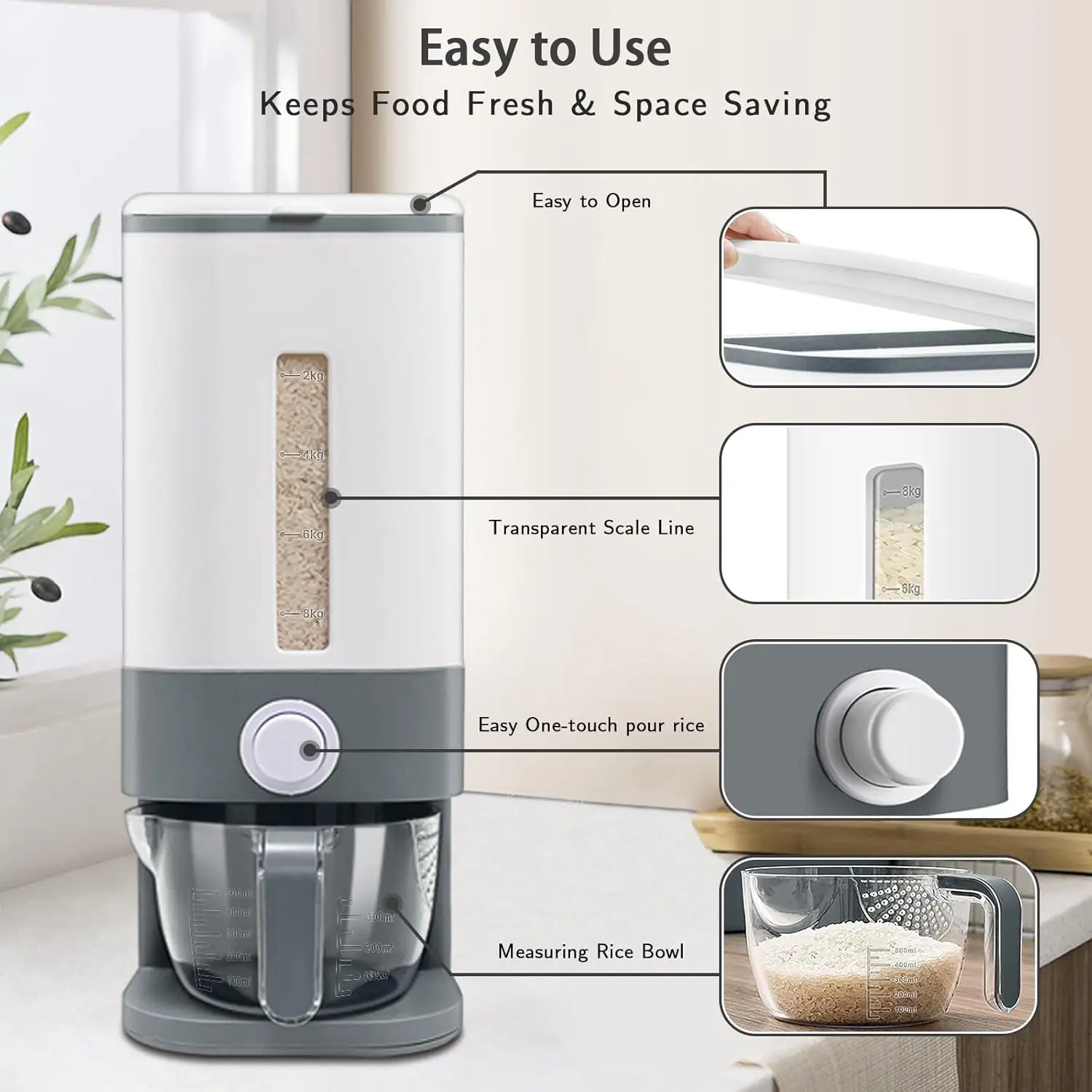 25 Lbs Rice Dispenser, Large Cereal Dry Food Storage Containers with Measuring Cup,BPA-Free Household for Kitchen Pantry 2
