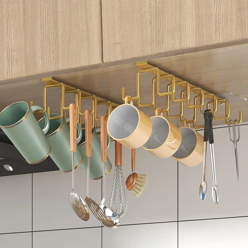 Kitchen Cabinet Organizer Double Row Multifunctional Storage Hook Rack Cabinets No Drilling Cup Holder Kitchen Tool Hanging Organizer Storage Shelf