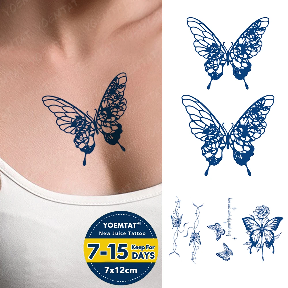 

Butterfly Rose Juice Ink Lasting Waterproof Temporary Tattoo Sticker Flower Genipin Herbal Fake Tato Body Art Men Women Arm Hand