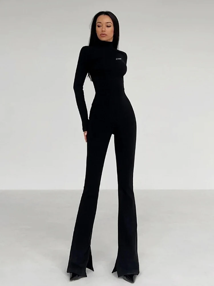 Sibybo Long Sleeve Jumpsuits Basic Solid Color Half-high Collar Boot Cut Pant Fashion Skinny Rompers Sports Fitness Yoga Clothes
