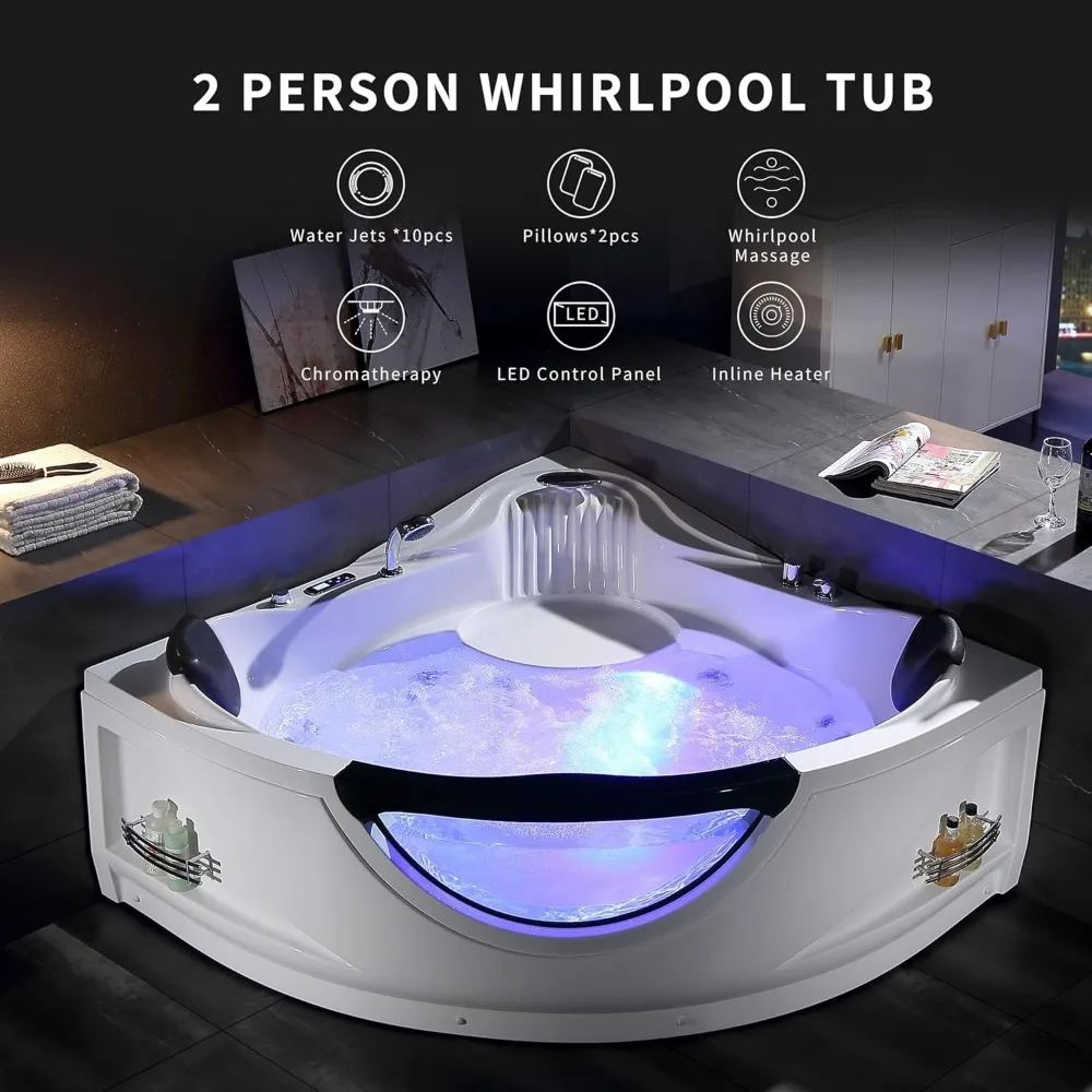 59" Corner Whirlpool Bathtub with Heater，Spa Hydromassage with Chromatherapy，2 Person Jetted Tub with Light，Acrylic，Bathtub 3