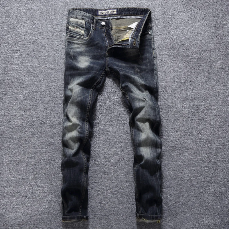 european style fashion men jeans high quality retro blue elastic slim fit ripped jeans men vintage designer denim pants hombre Italian Style Fashion Men Jeans High Quality Retro Black Blue Elastic Slim Ripped Jeans Men Vintage Designer Denim Pants Hombre