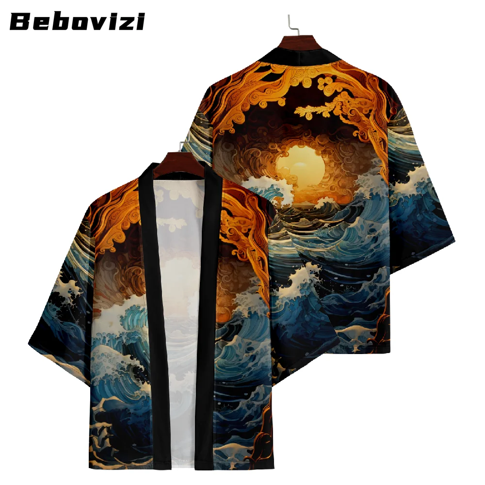 

Bebovizi Japanese New Design Waves Print Traditional Kimono Casual Women Cardigan Yukata Men Loose Japanese Asian Clothing