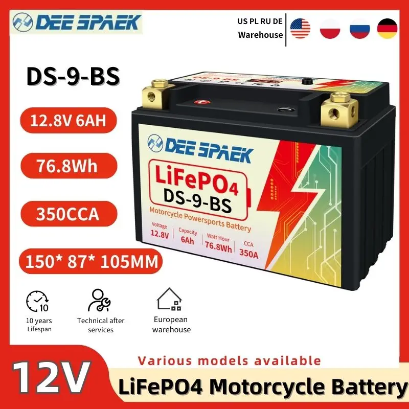 

DEESPAEK 350CCA Lifepo4 Battery 6AH 76.8Wh Motorcycle Replacement Battery 9-BS Europe Stock for CTX9 PTR9-BS YTR9-BS YTX9 ES-TX9