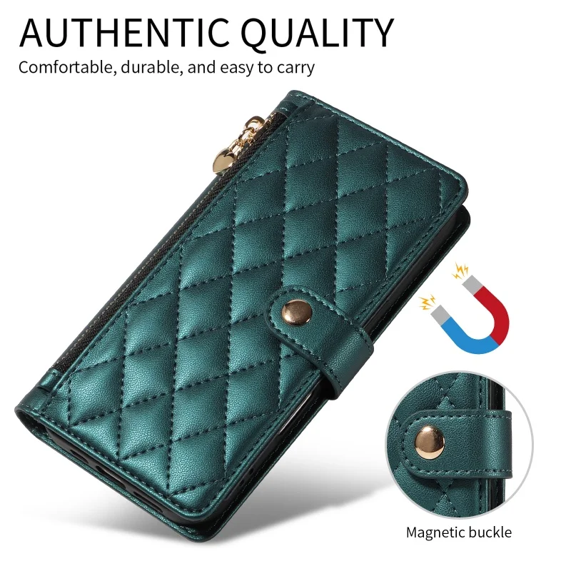 Elegant Leather Zipper Flip Phone Case with Long Lanyard and Wrist Strap Wallet