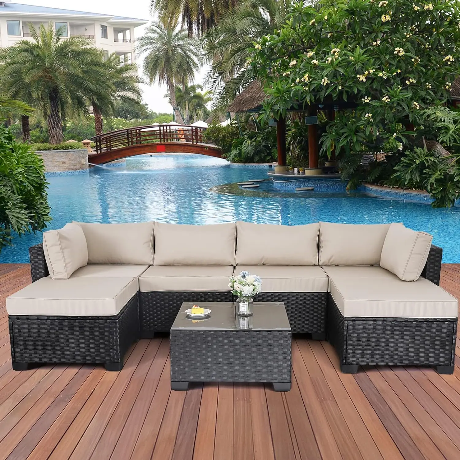 

7 Pieces Outdoor PE Wicker Furniture Set Patio Rattan Sectional Conversation Sofa Set with Khaki Cushions and Table